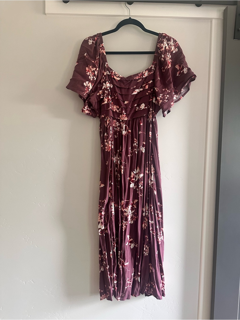 Maurices Plum Floral Midi Dress with Flutter Sleeves